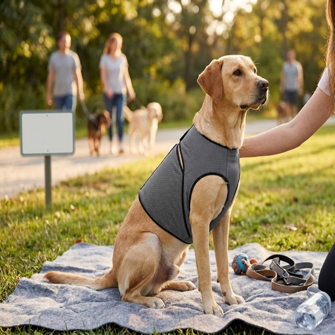 Dog wearing a gray harness sitting on a blanket in a park with people and other dogs in the background.